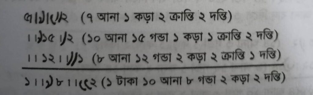 আনা, গণ্ডা, কড়া, ক্রান্তি/কাগ একসাথে লিখার নিয়ম